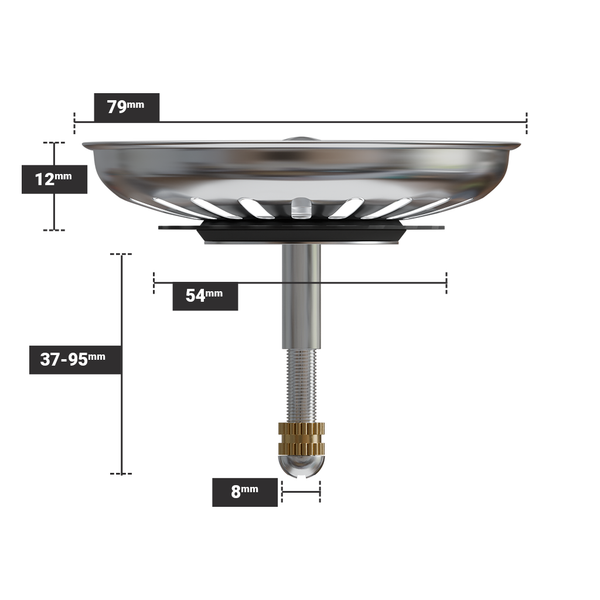 Colador de fregadero de cocina de 79 mm con pasador de rosca ajustable