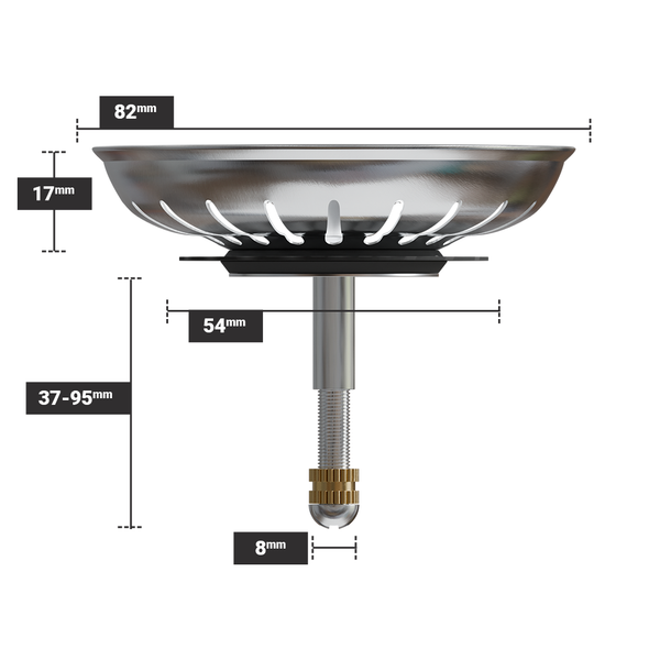 Colador de fregadero de cocina de 82 mm con pasador de rosca ajustable