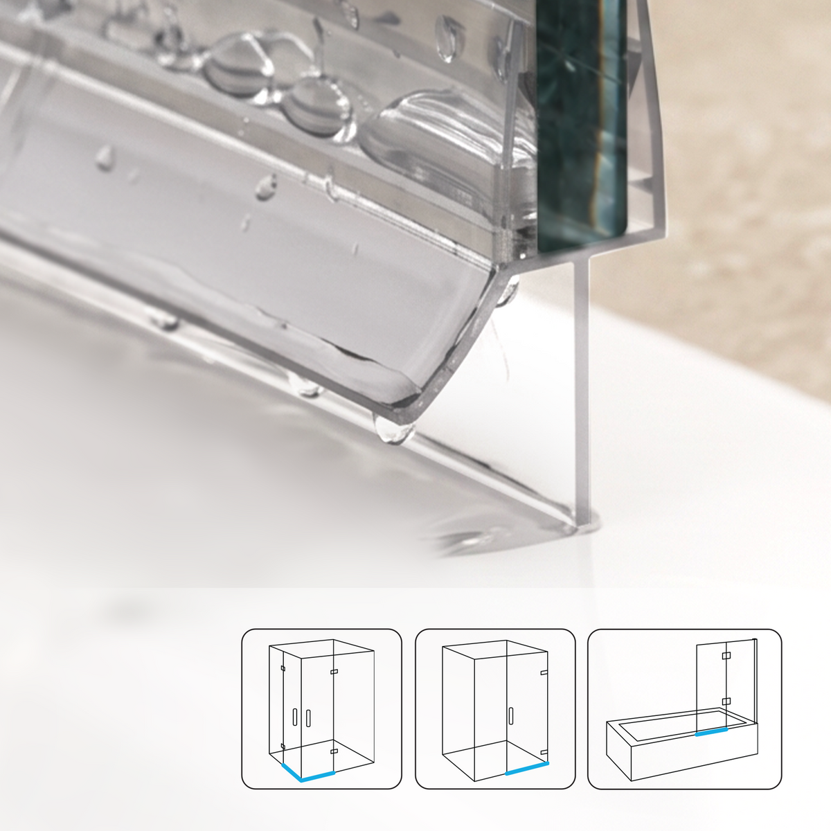 Shower Seal with Water Stop - 2x 1 Meter for 6-8mm Glass Doors