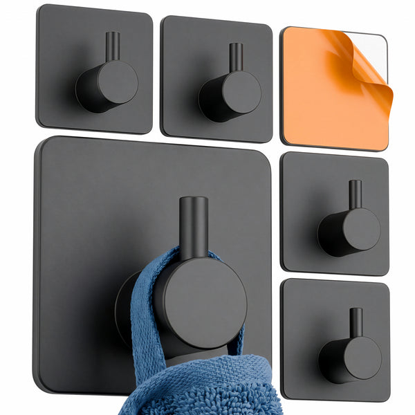 Wall Hook Square Base Black - Self Adhesive Set of 6