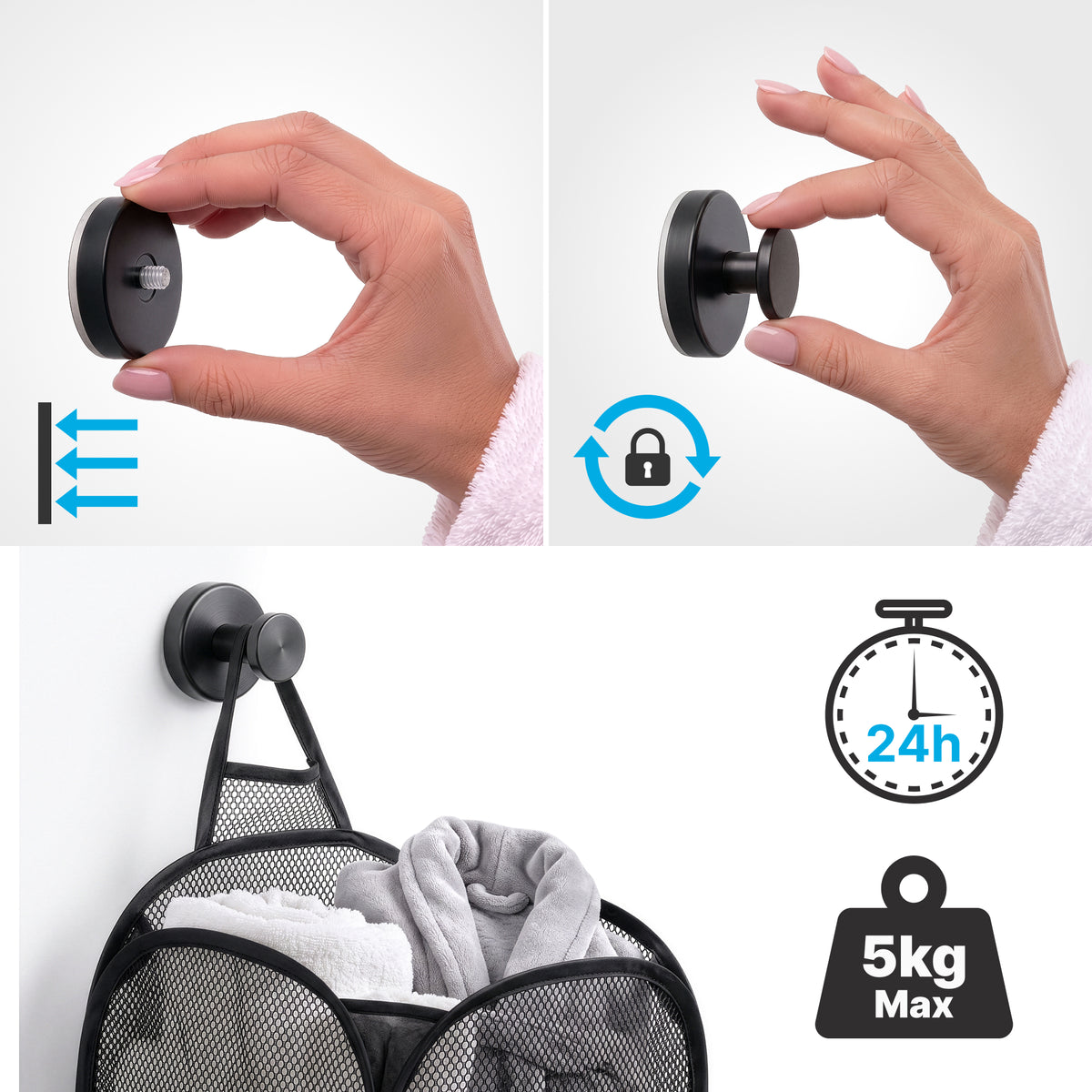 Round Rotating Suction Cup Hook Black Set of 4