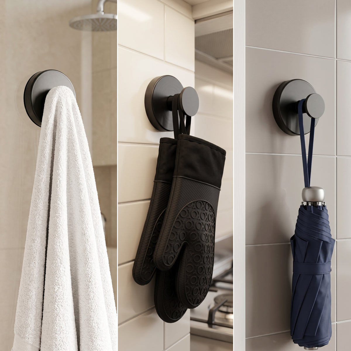 Round Rotating Suction Cup Hook Black Set of 4