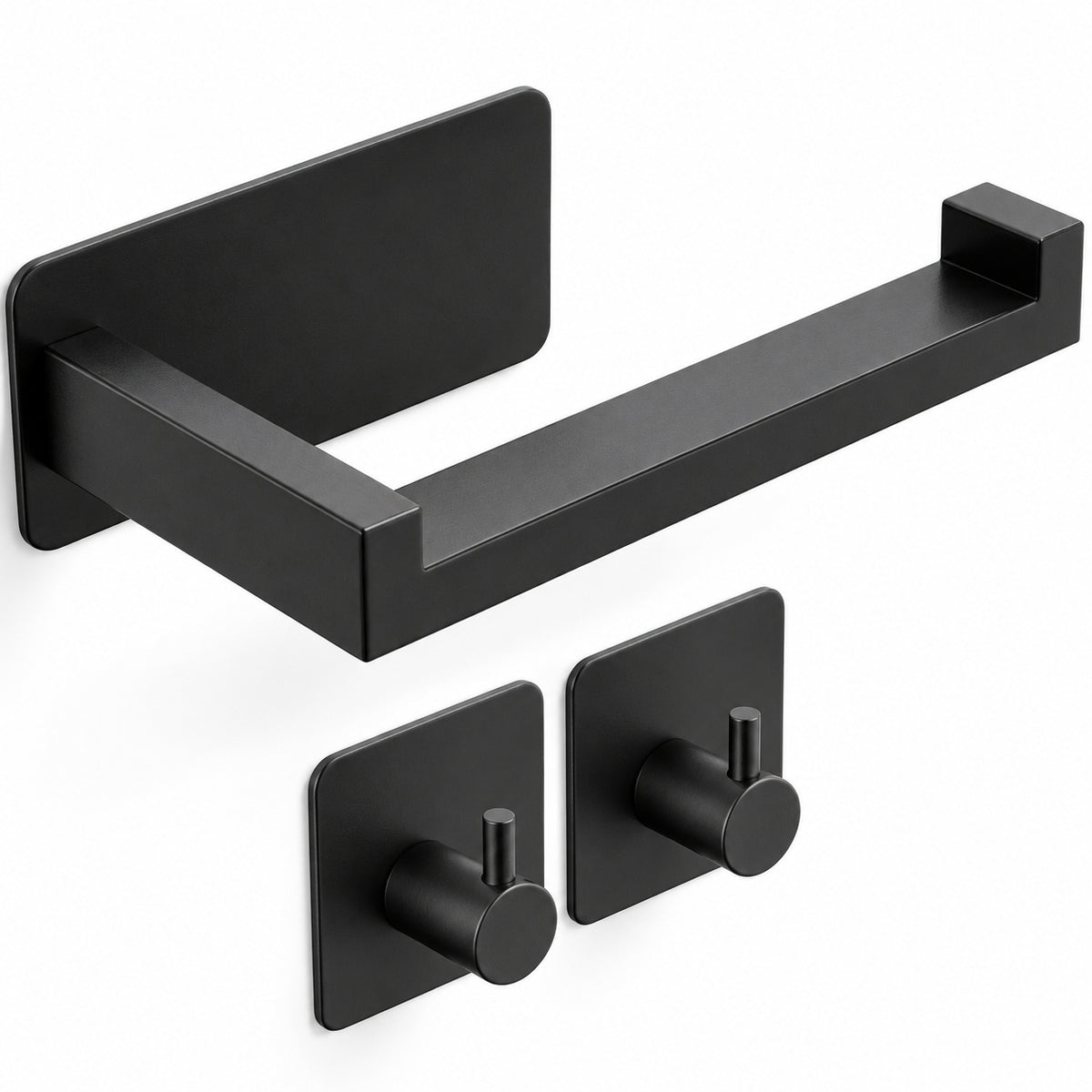 Toilet Roll Holder + 2 Wall Hooks Set - Black