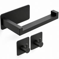 Toilet Roll Holder + 2 Wall Hooks Set - Black