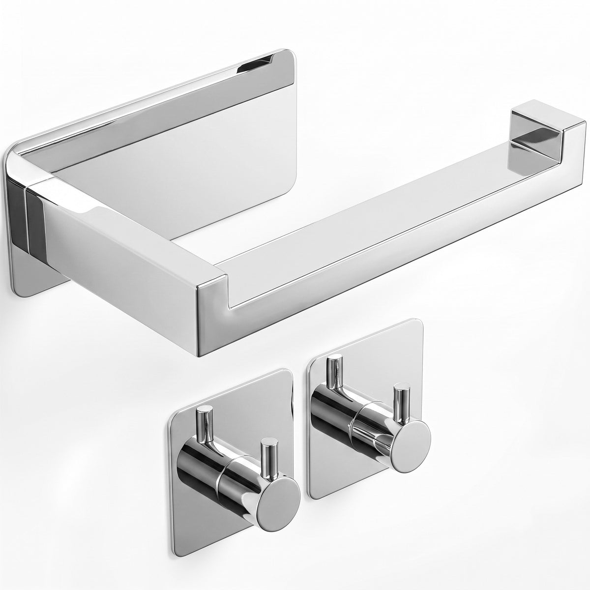 Toilet Roll Holder + 2 Wall Hooks Set - Chrome