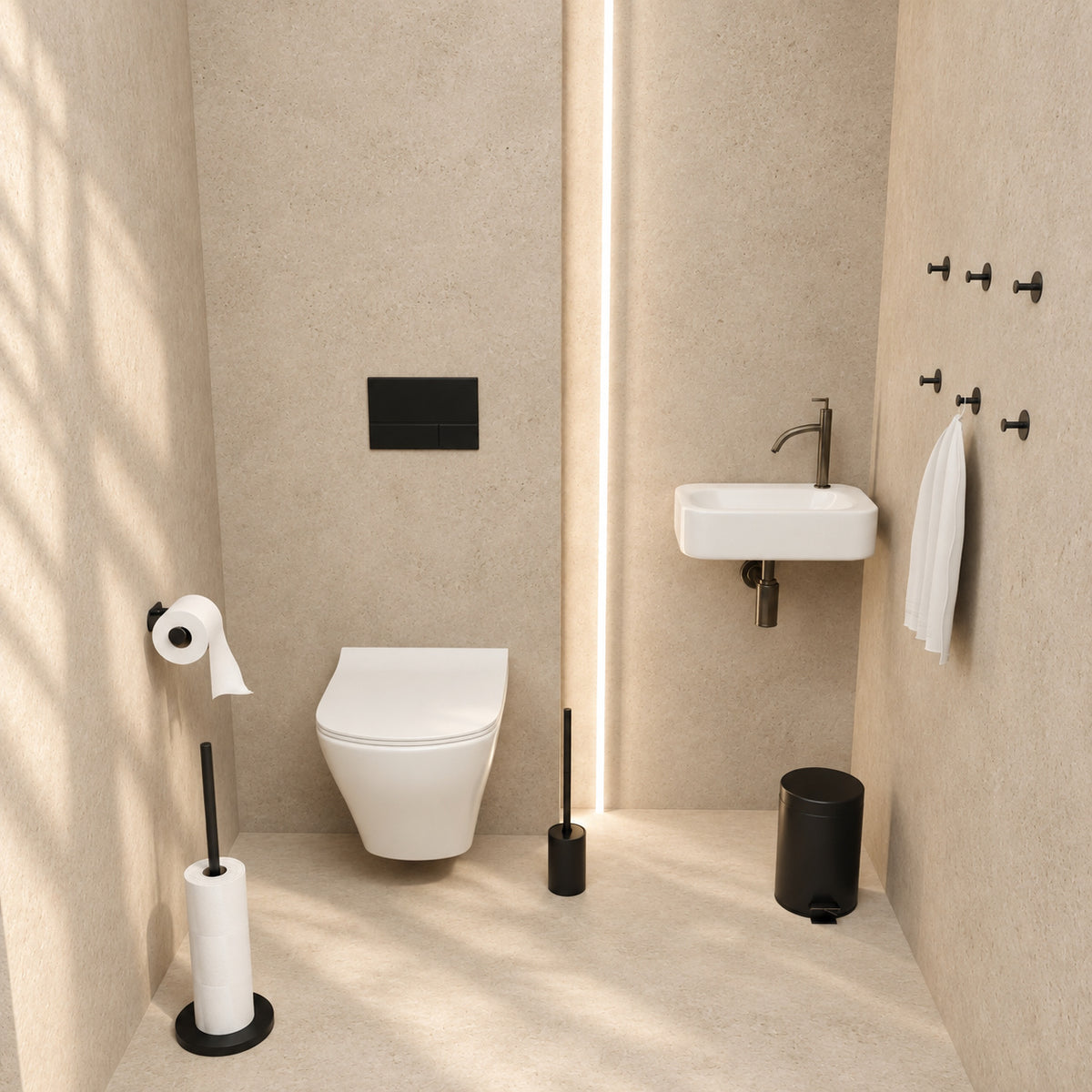 Toiletset Zwart 5-Delig - Zelfklevende Reserverolhouder & Vrijstaande Toiletrolhouder voor 5 Rollen - Toiletborstelhouder, Pedaalemmer en Handdoekhaakjes - Toiletaccessoireset