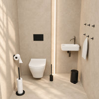 Toiletset Zwart 5-Delig - Zelfklevende Reserverolhouder & Vrijstaande Toiletrolhouder voor 5 Rollen - Toiletborstelhouder, Pedaalemmer en Handdoekhaakjes - Toiletaccessoireset