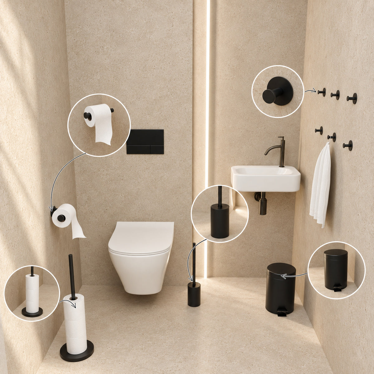 Toiletset Zwart 5-Delig - Zelfklevende Reserverolhouder & Vrijstaande Toiletrolhouder voor 5 Rollen - Toiletborstelhouder, Pedaalemmer en Handdoekhaakjes - Toiletaccessoireset