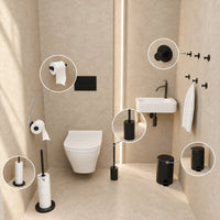 Toiletset Zwart 5-Delig - Zelfklevende Reserverolhouder & Vrijstaande Toiletrolhouder voor 5 Rollen - Toiletborstelhouder, Pedaalemmer en Handdoekhaakjes - Toiletaccessoireset