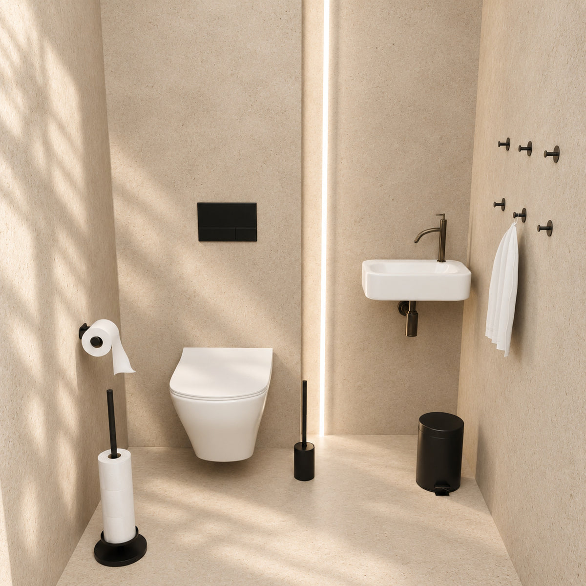 Set de WC negro de 5 piezas - Portarrollos de repuesto adhesivo y portarrollos de pie elevado para 5 rollos - Portaescobillas, cubo de basura y ganchos de pared