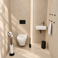 Set de WC negro de 5 piezas - Portarrollos de repuesto adhesivo y portarrollos de pie elevado para 5 rollos - Portaescobillas, cubo de basura y ganchos de pared