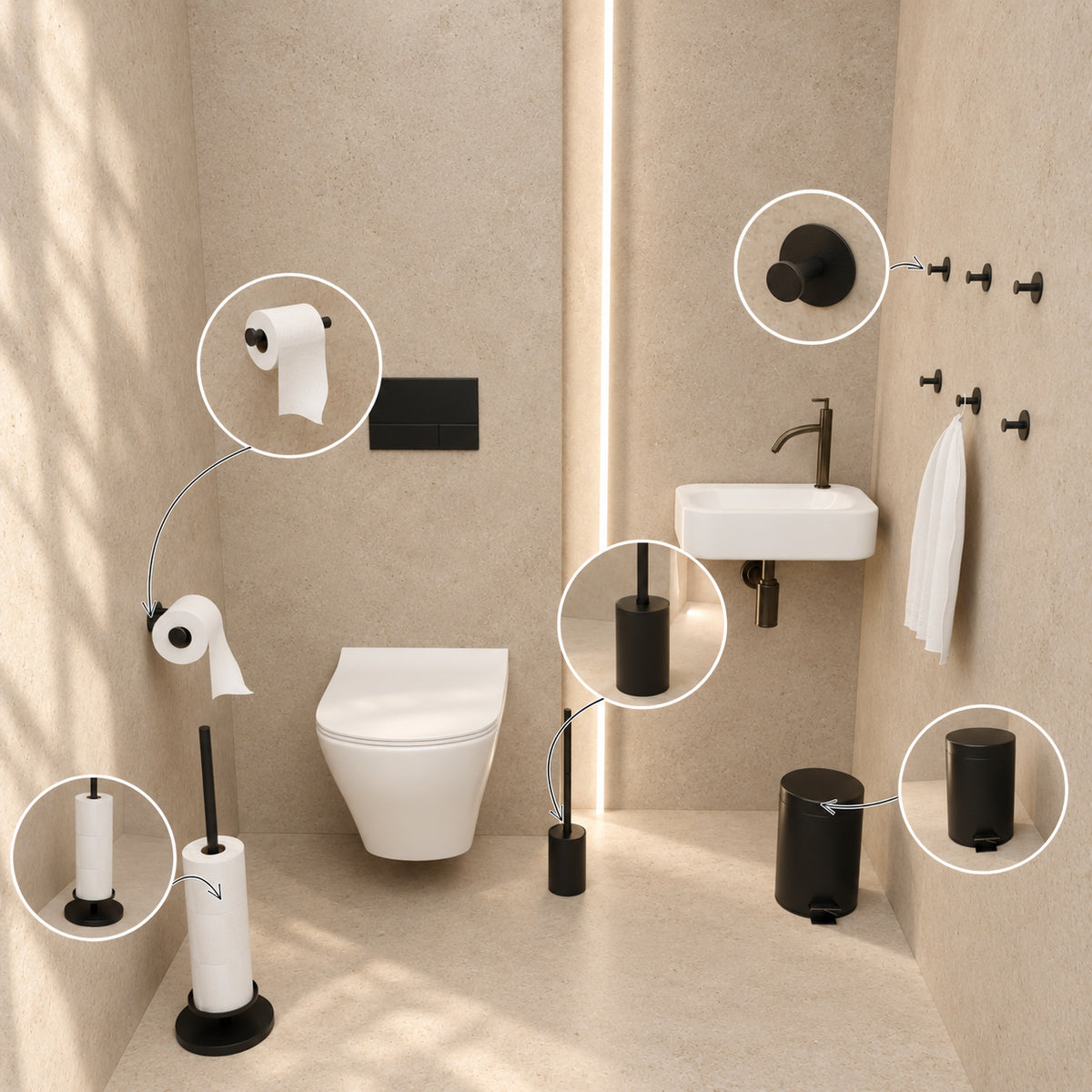 Set de WC negro de 5 piezas - Portarrollos de repuesto adhesivo y portarrollos de pie elevado para 5 rollos - Portaescobillas, cubo de basura y ganchos de pared