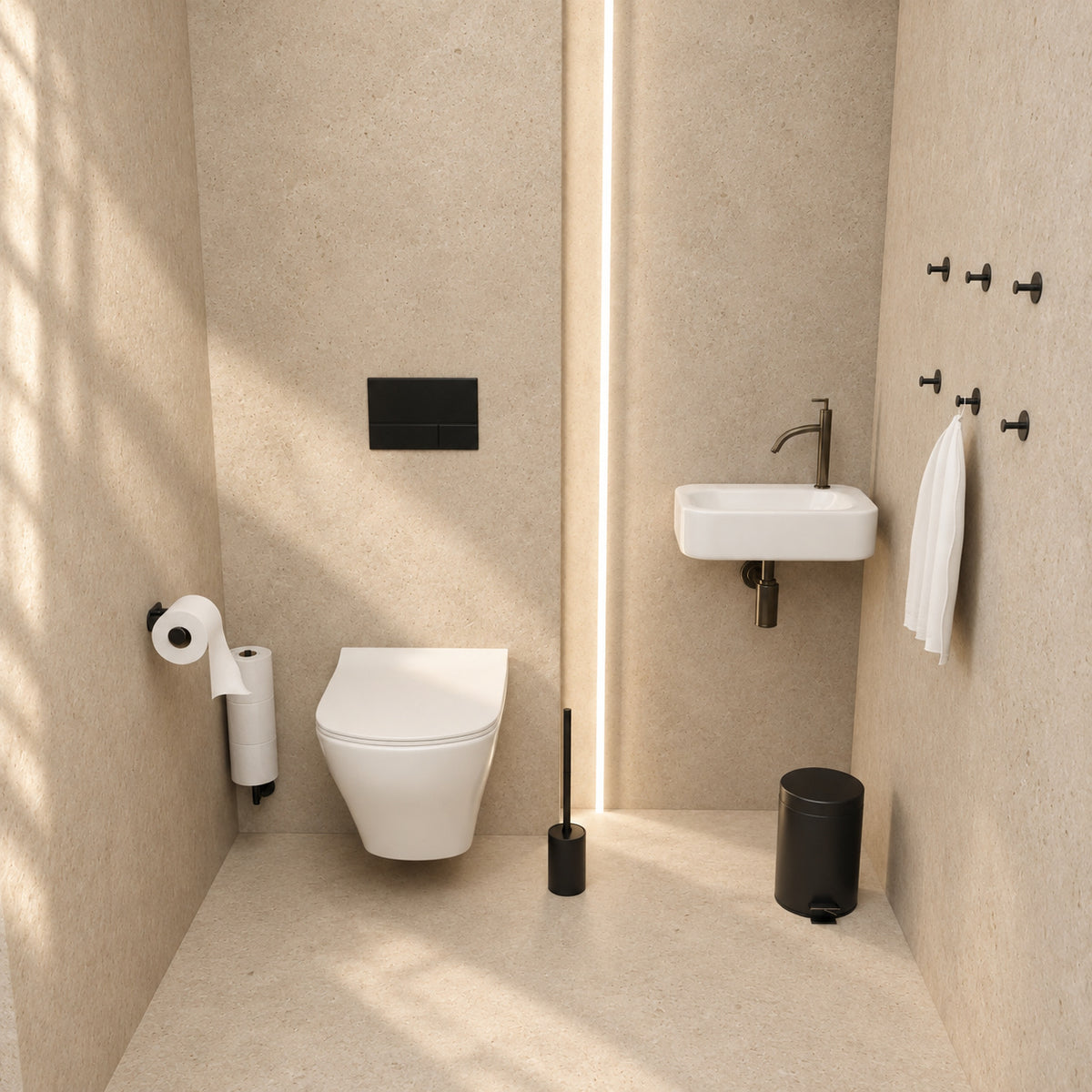 Toiletset Zwart 5-Delig - Zelfklevende Reserverolhouder & Hangende Reserverolhouder voor 3 Rollen - Toiletborstelhouder, Pedaalemmer en Handdoekhaakjes - Toiletaccessoireset