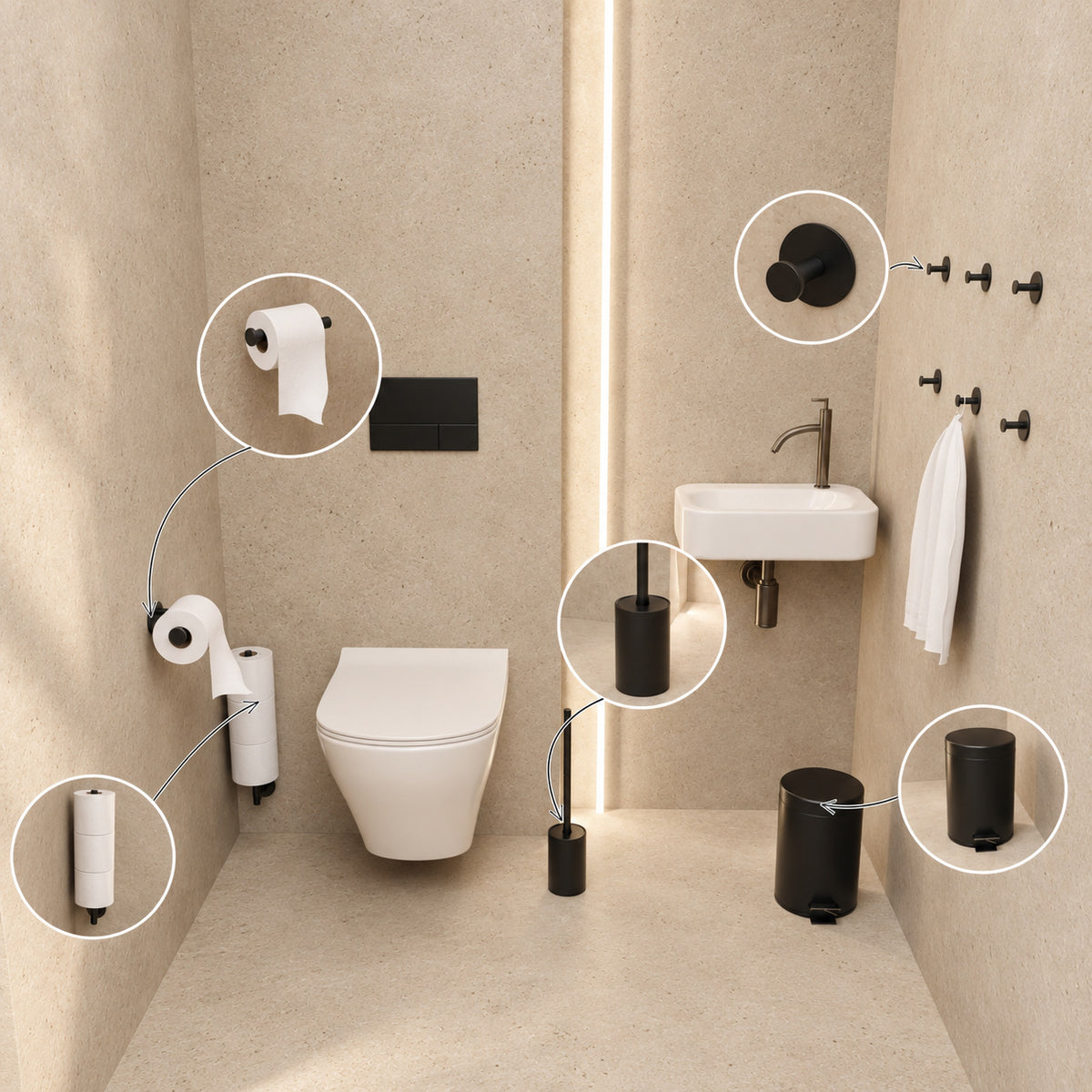Toiletset Zwart 5-Delig - Zelfklevende Reserverolhouder & Hangende Reserverolhouder voor 3 Rollen - Toiletborstelhouder, Pedaalemmer en Handdoekhaakjes - Toiletaccessoireset