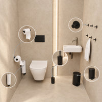 Toiletset Zwart 5-Delig - Zelfklevende Reserverolhouder & Hangende Reserverolhouder voor 3 Rollen - Toiletborstelhouder, Pedaalemmer en Handdoekhaakjes - Toiletaccessoireset
