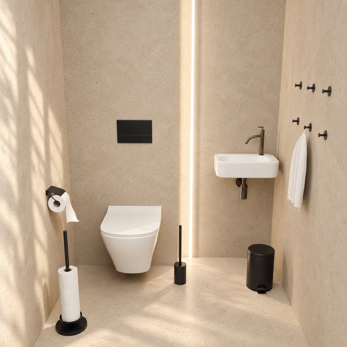 Set de WC negro de 5 piezas - Portarrollos de repuesto con tapa y portarrollos de pie elevado para 5 rollos - Portaescobillas, cubo de basura y ganchos de pared