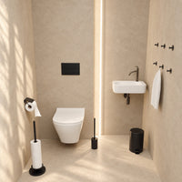 Set de WC negro de 5 piezas - Portarrollos de repuesto con tapa y portarrollos de pie elevado para 5 rollos - Portaescobillas, cubo de basura y ganchos de pared