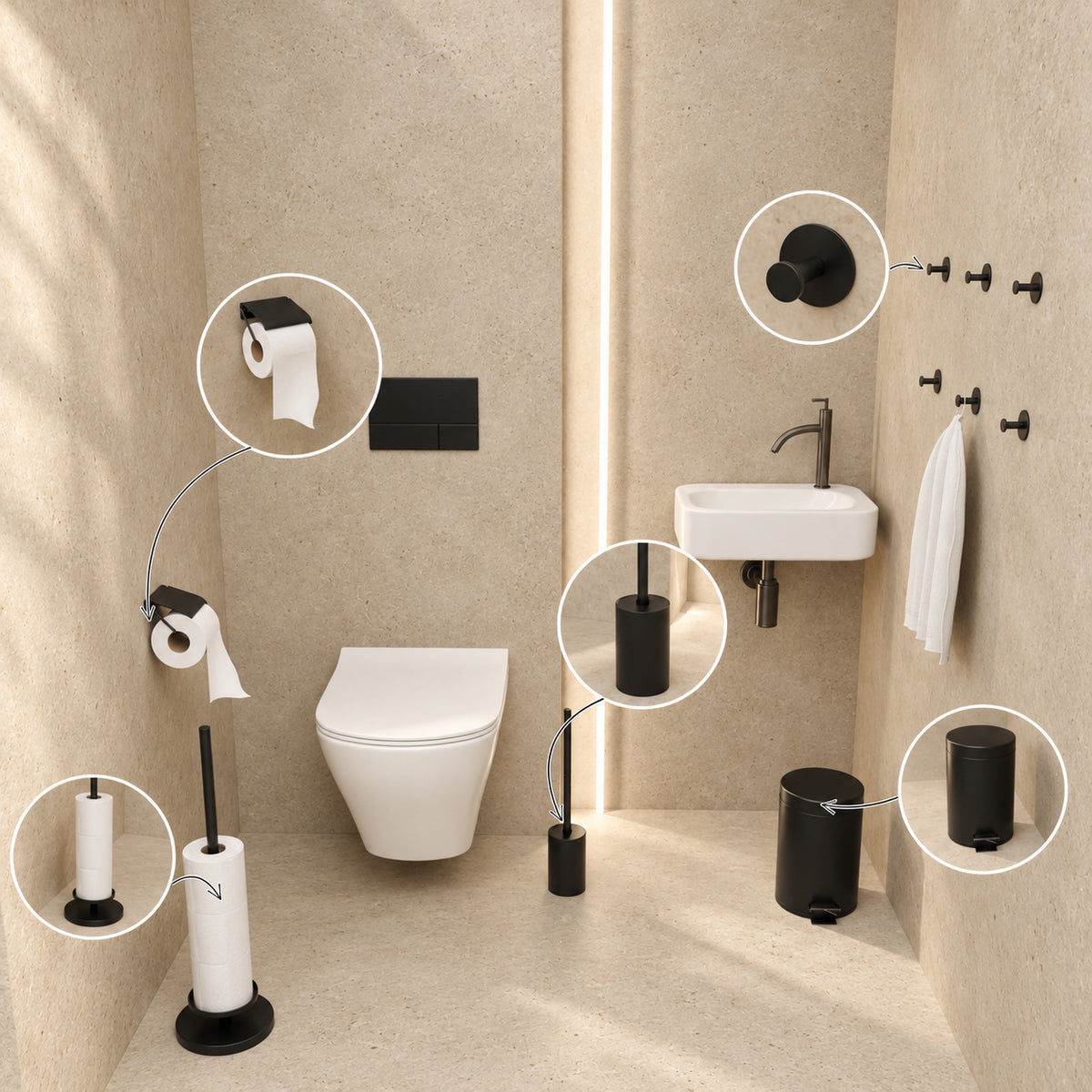 Set de WC negro de 5 piezas - Portarrollos de repuesto con tapa y portarrollos de pie elevado para 5 rollos - Portaescobillas, cubo de basura y ganchos de pared