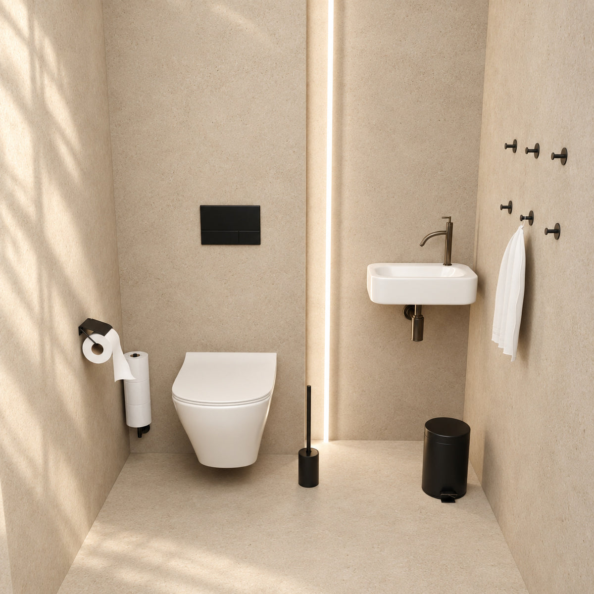 Set WC nero 5 pezzi - Portarotolo di scorta con coperchio e portarotolo di scorta da parete per 3 rotoli - Portascopino, pattumiera e ganci da parete