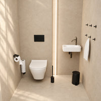 Set WC nero 5 pezzi - Portarotolo di scorta con coperchio e portarotolo di scorta da parete per 3 rotoli - Portascopino, pattumiera e ganci da parete