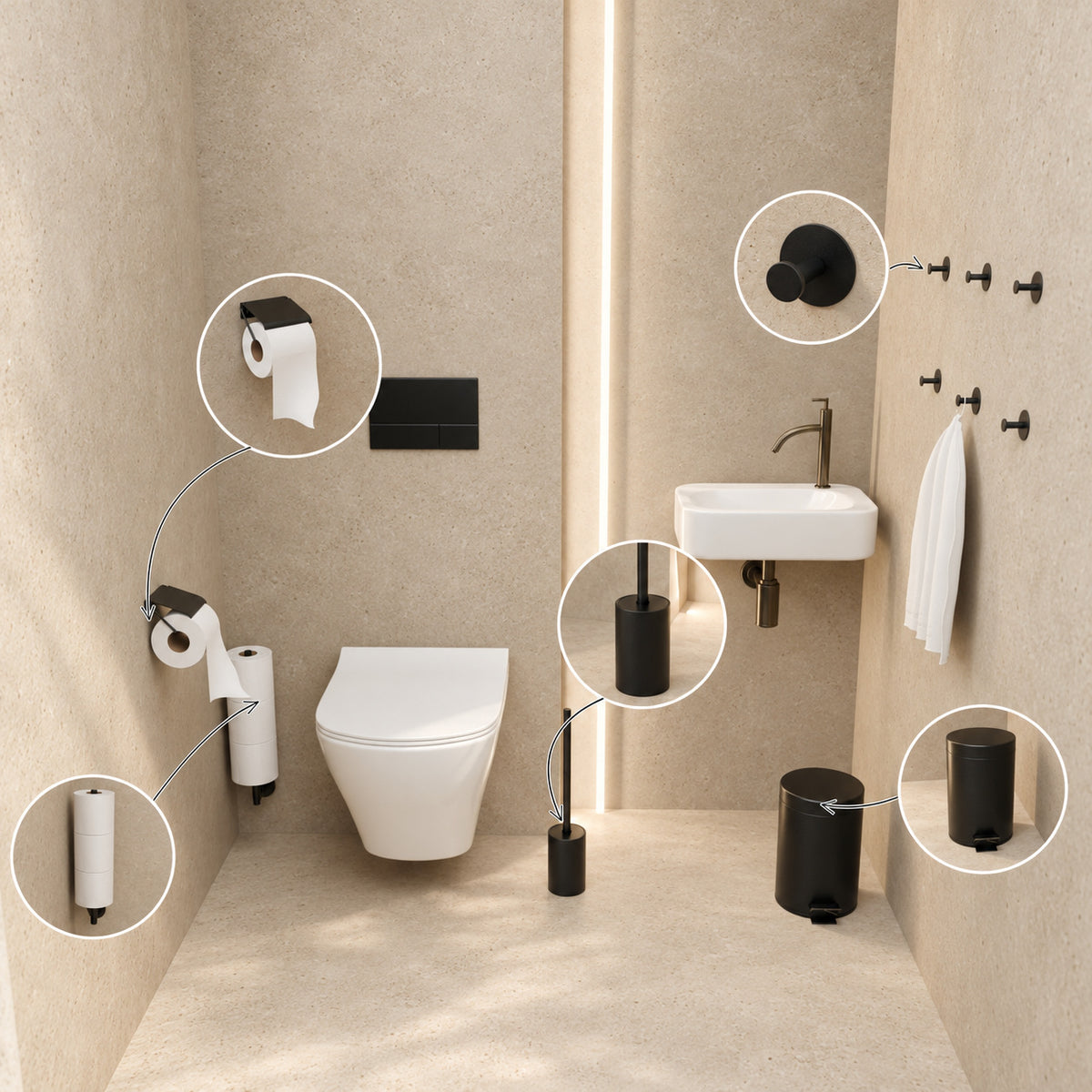 Set WC nero 5 pezzi - Portarotolo di scorta con coperchio e portarotolo di scorta da parete per 3 rotoli - Portascopino, pattumiera e ganci da parete