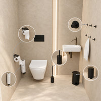 Set WC nero 5 pezzi - Portarotolo di scorta con coperchio e portarotolo di scorta da parete per 3 rotoli - Portascopino, pattumiera e ganci da parete