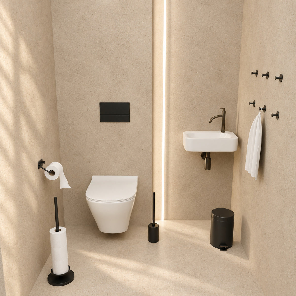 Set de WC negro de 5 piezas - Portarrollos con brazo ajustable y portarrollos de pie elevado para 5 rollos - Portaescobillas, cubo de basura y ganchos de pared