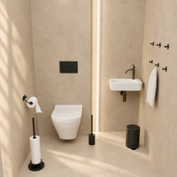 Set de WC negro de 5 piezas - Portarrollos con brazo ajustable y portarrollos de pie elevado para 5 rollos - Portaescobillas, cubo de basura y ganchos de pared