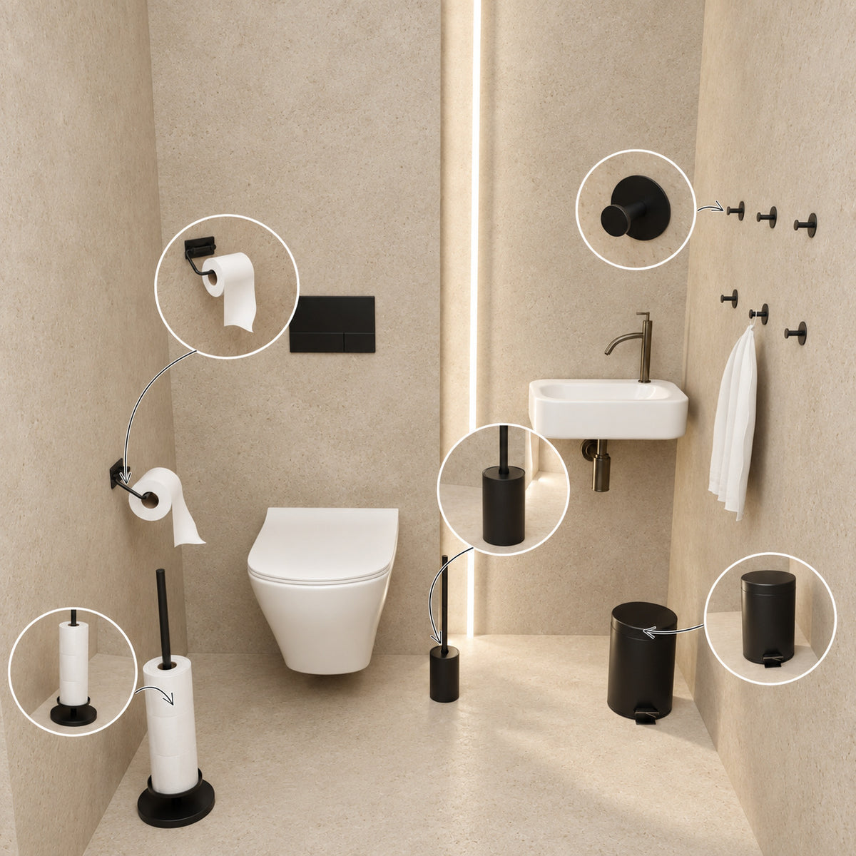 Set de WC negro de 5 piezas - Portarrollos con brazo ajustable y portarrollos de pie elevado para 5 rollos - Portaescobillas, cubo de basura y ganchos de pared