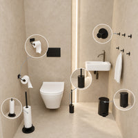 Set de WC negro de 5 piezas - Portarrollos con brazo ajustable y portarrollos de pie elevado para 5 rollos - Portaescobillas, cubo de basura y ganchos de pared