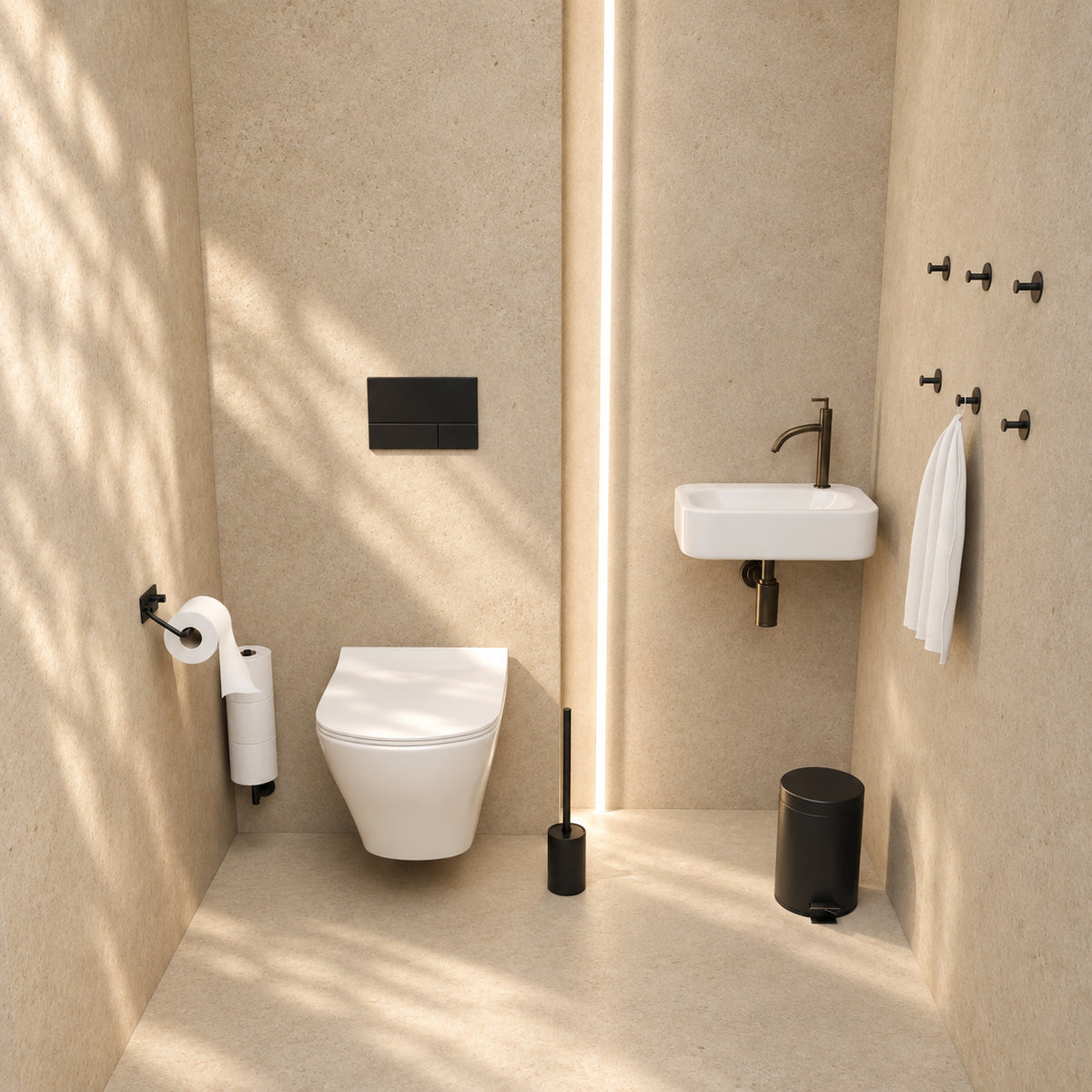 Set WC noir 5 pièces - Support de papier toilette à bras réglable & Support de rouleau de réserve mural pour 3 rouleaux - Support brosse WC, poubelle et crochets muraux