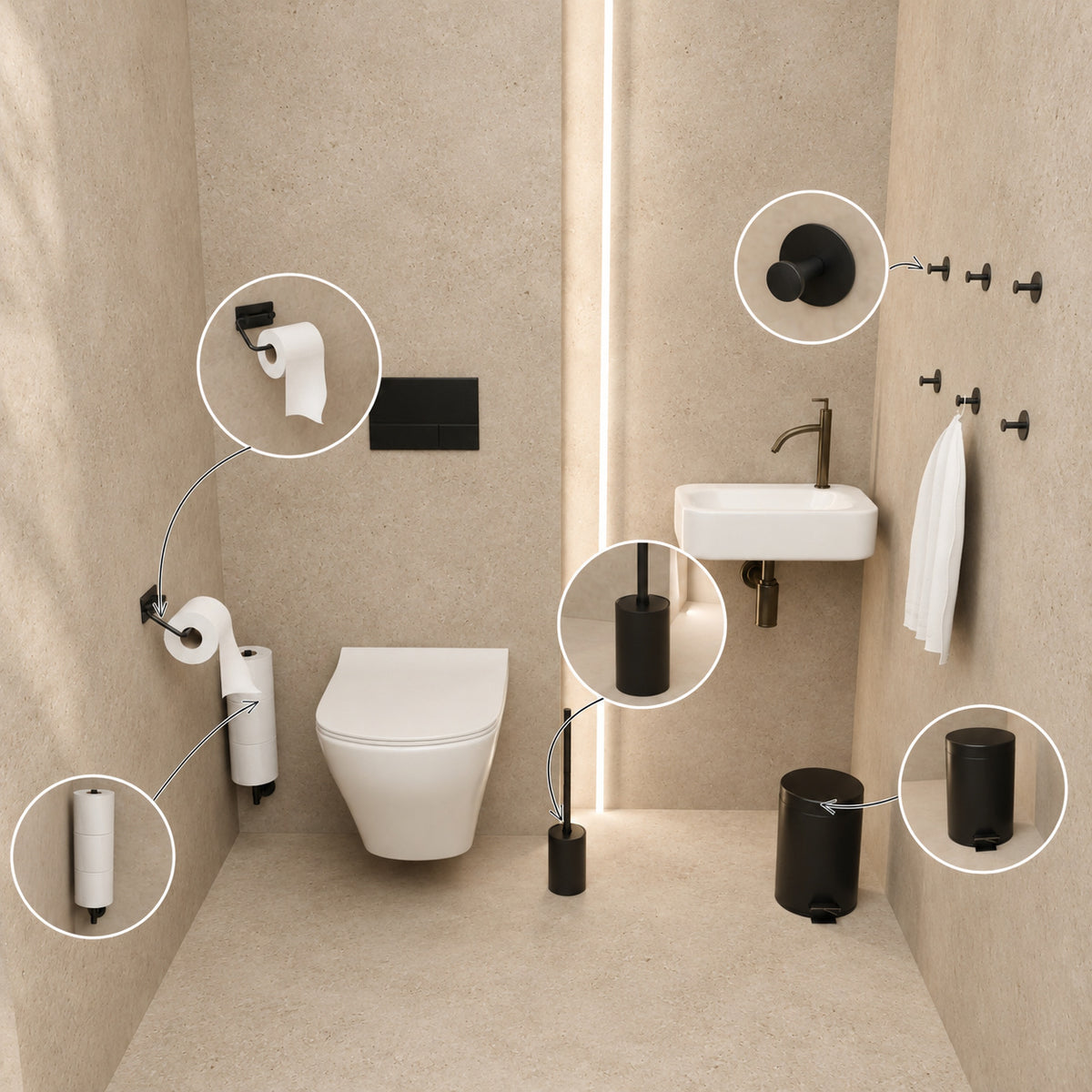 Set WC noir 5 pièces - Support de papier toilette à bras réglable & Support de rouleau de réserve mural pour 3 rouleaux - Support brosse WC, poubelle et crochets muraux