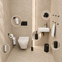Set WC noir 5 pièces - Support de papier toilette à bras réglable & Support de rouleau de réserve mural pour 3 rouleaux - Support brosse WC, poubelle et crochets muraux