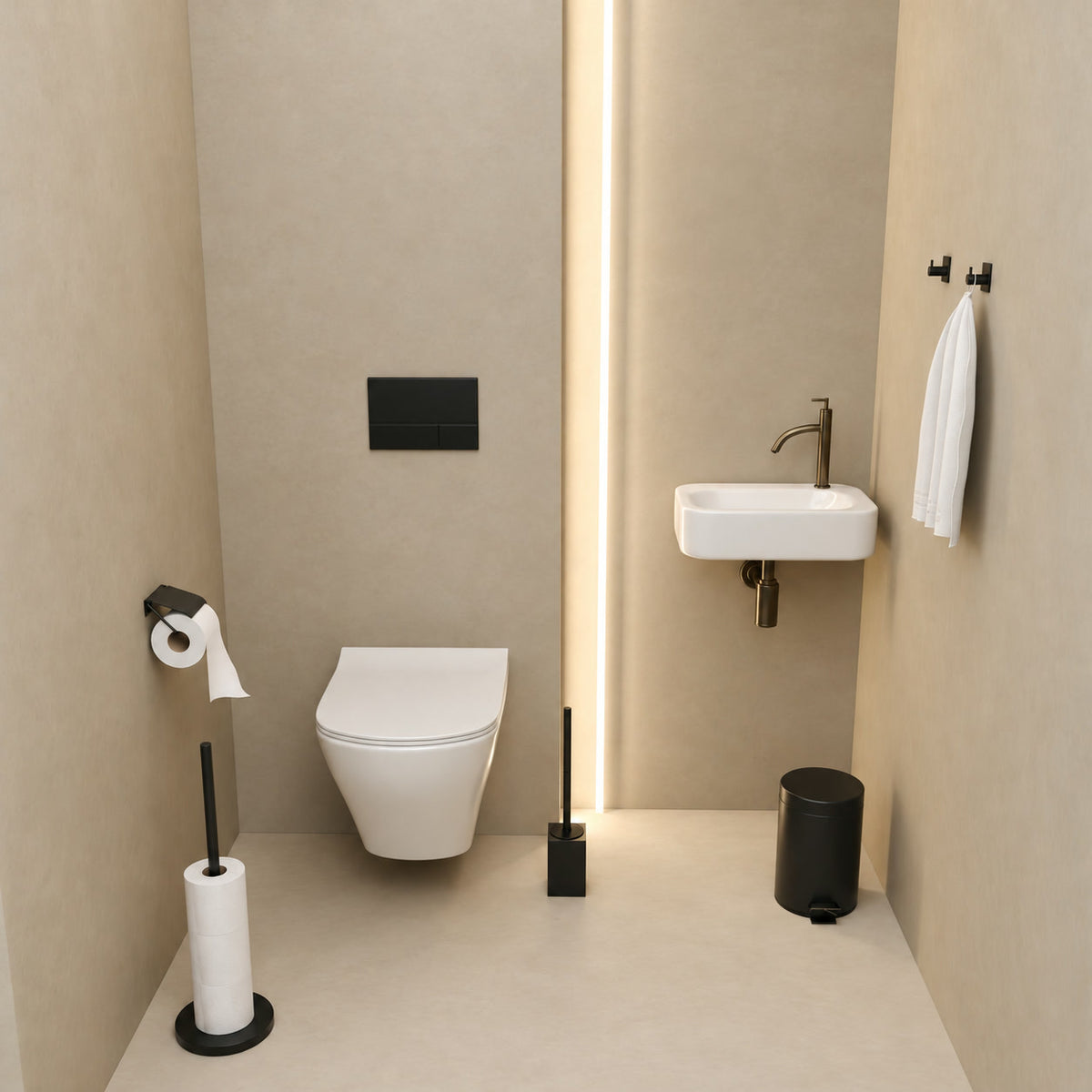 5-teiliges Schwarzes Eckiges Toilettenset - Stehender Toilettenpapierhalter für 5 Rollen & Hängender Toilettenpapierhalter mit Schutzabdeckung - WC-Bürstenhalter, Mülleimer & Wandhaken