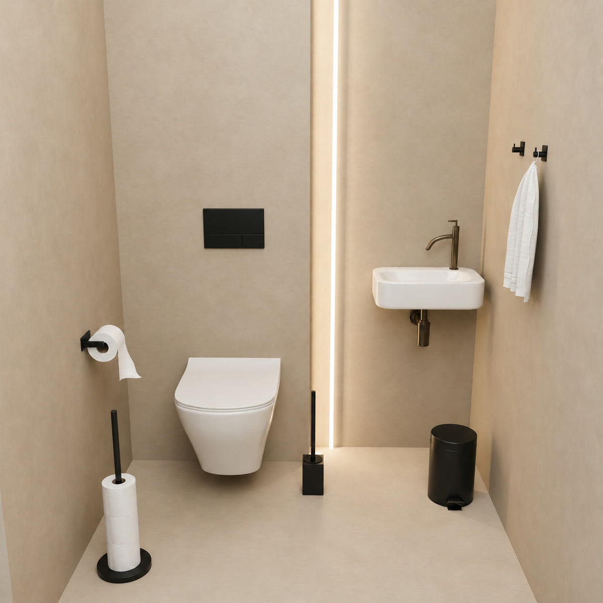 5-Delt Sort Kantet Toiletstæt - Stående Toiletpapirholder til 5 Ruller & Ekstra Tynd Selvklæbende Toiletpapirholder - Toiletbørsteholder, Skraldespand & Vægkroge