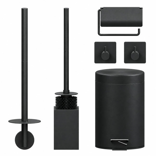 5-Piece Black Square Toilet Set - Wall-Mounted Toilet Roll Holder for 3 Rolls & Hanging Toilet Roll Holder with Protective Cover - Toilet Brush Holder, Trash Bin & Wall Hooks
