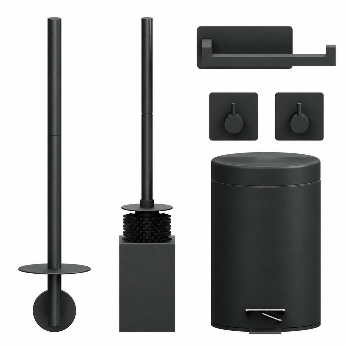 5-teiliges Schwarzes Eckiges Toilettenset - Wandmontierter Toilettenpapierhalter für 3 Rollen & Extra Dünner Selbstklebender Toilettenpapierhalter - WC-Bürstenhalter, Mülleimer & Wandhaken