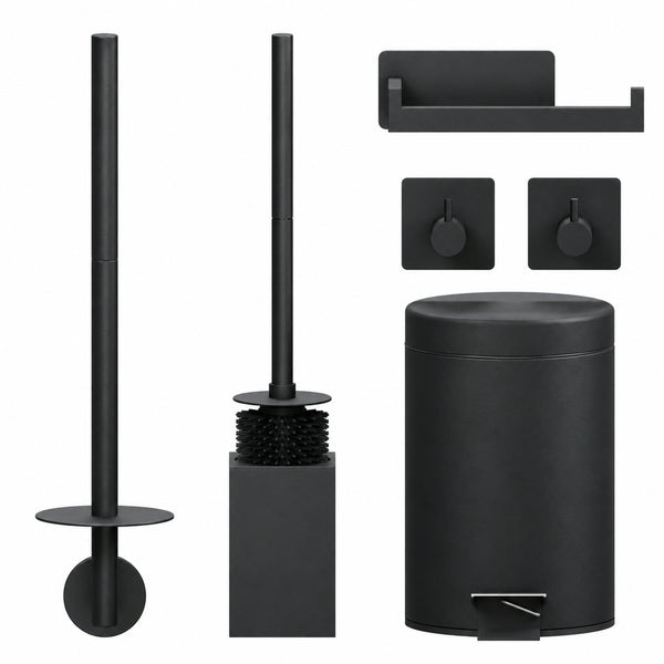 5-Piece Black Square Toilet Set - Wall-Mounted Toilet Roll Holder for 3 Rolls & Self-Adhesive Toilet Paper Holder - Toilet Brush Holder, Trash Bin & Wall Hooks