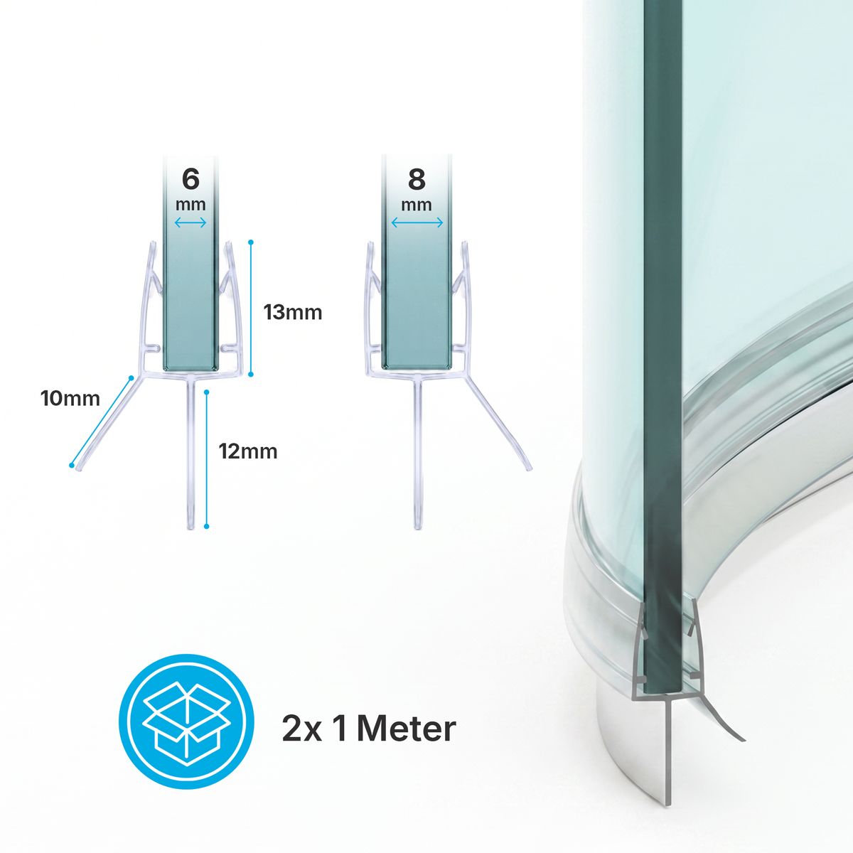 Guarnizione Curva per Doccia con Fermacqua – 2x 1 Metro per Porte in Vetro da 6-8mm