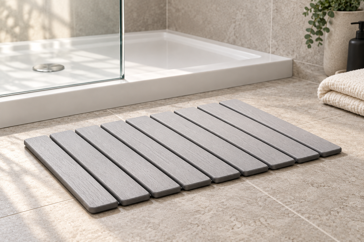 Grey roll-up bath mat beside the shower