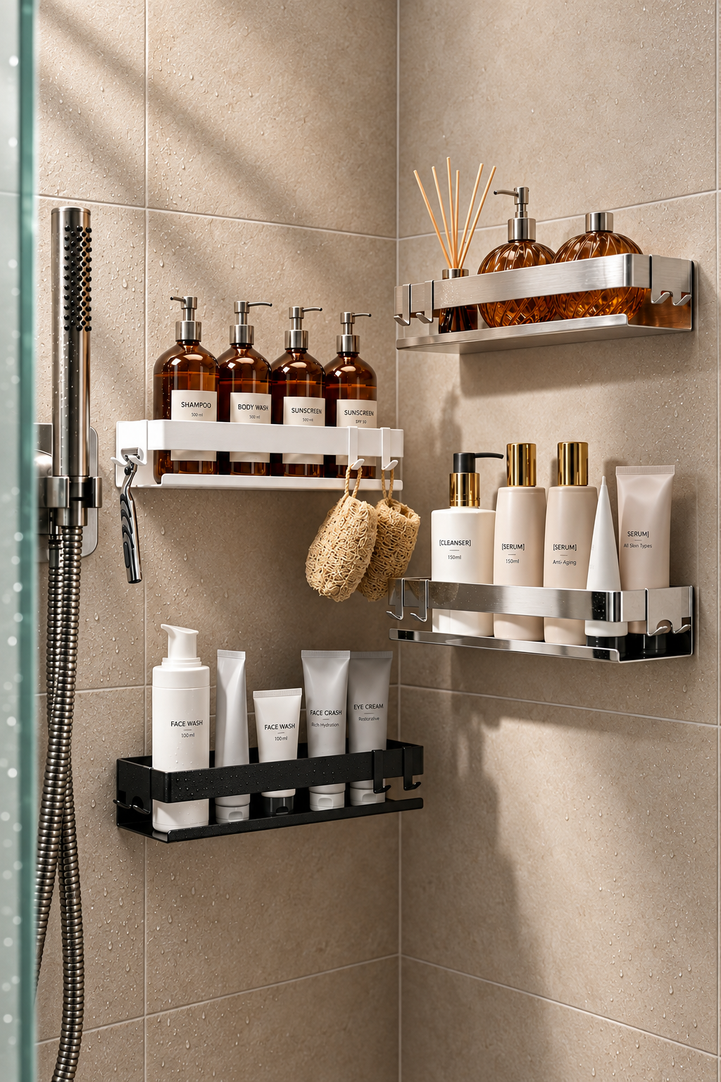 Black shower caddy with amber bottles in a bright bathroom